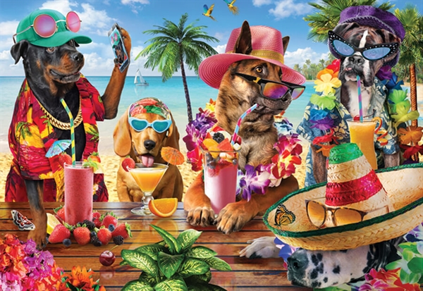 Billede af Dogs Drinking Smoothies on Tropical Beach