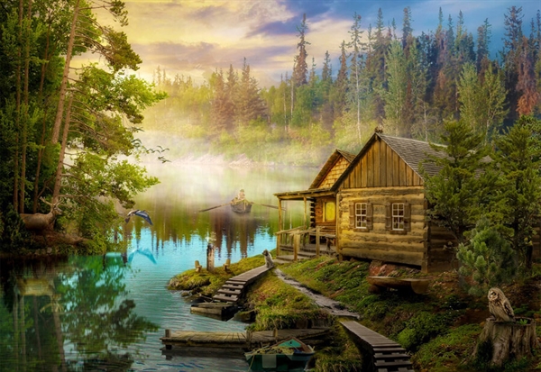 Billede af A Log Cabin on the River